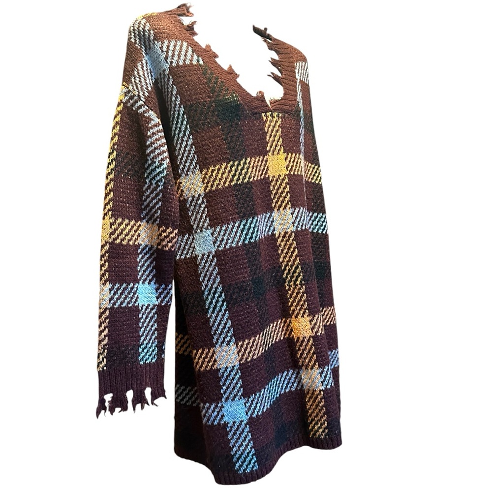 Entro Tunic with Distressed Detail Fall Plaid Pattern V-Neck Size L